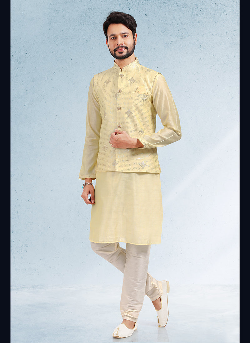 Classic  Yellow Banarasi silk Premium Kurta Pajama Jacket | Exuding Royalty with Superior Fabric