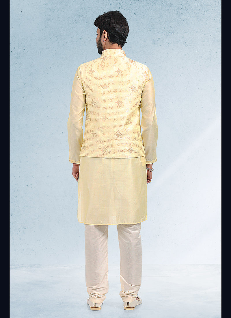 Classic  Yellow Banarasi silk Premium Kurta Pajama Jacket | Exuding Royalty with Superior Fabric