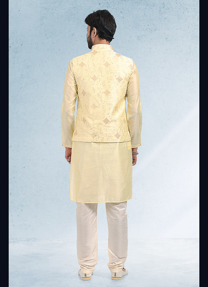 Classic  Yellow Banarasi silk Premium Kurta Pajama Jacket | Exuding Royalty with Superior Fabric