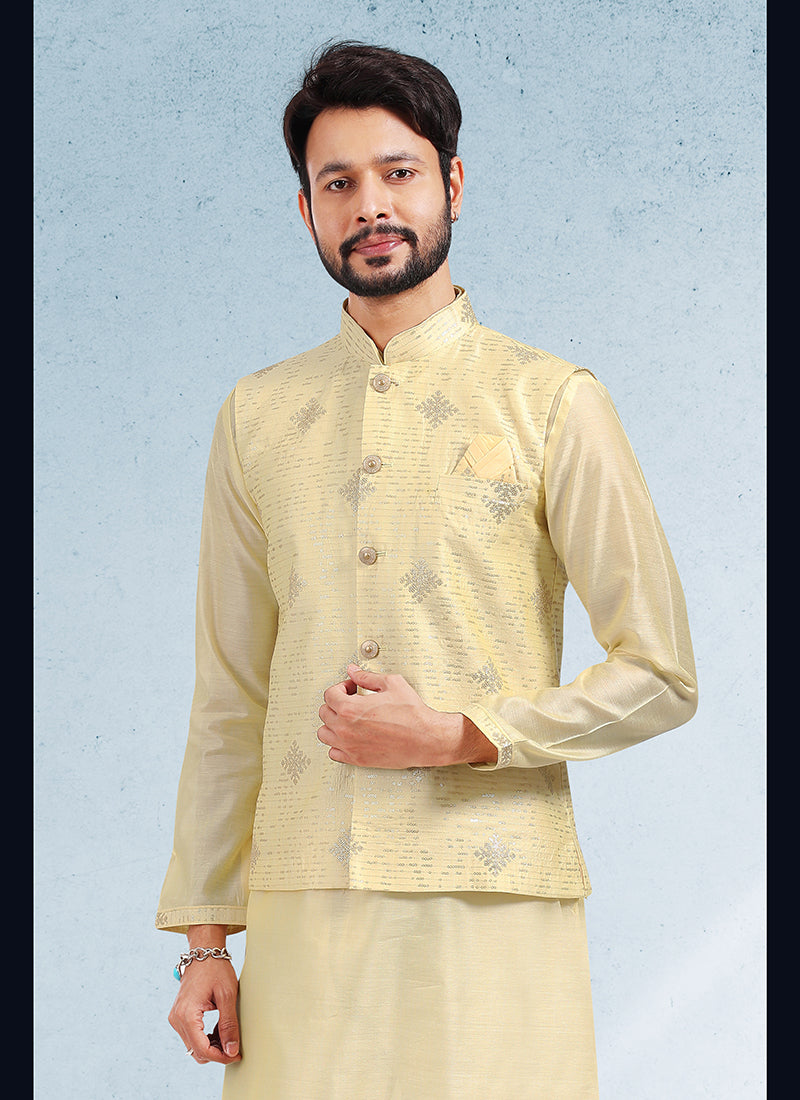 Classic  Yellow Banarasi silk Premium Kurta Pajama Jacket | Exuding Royalty with Superior Fabric