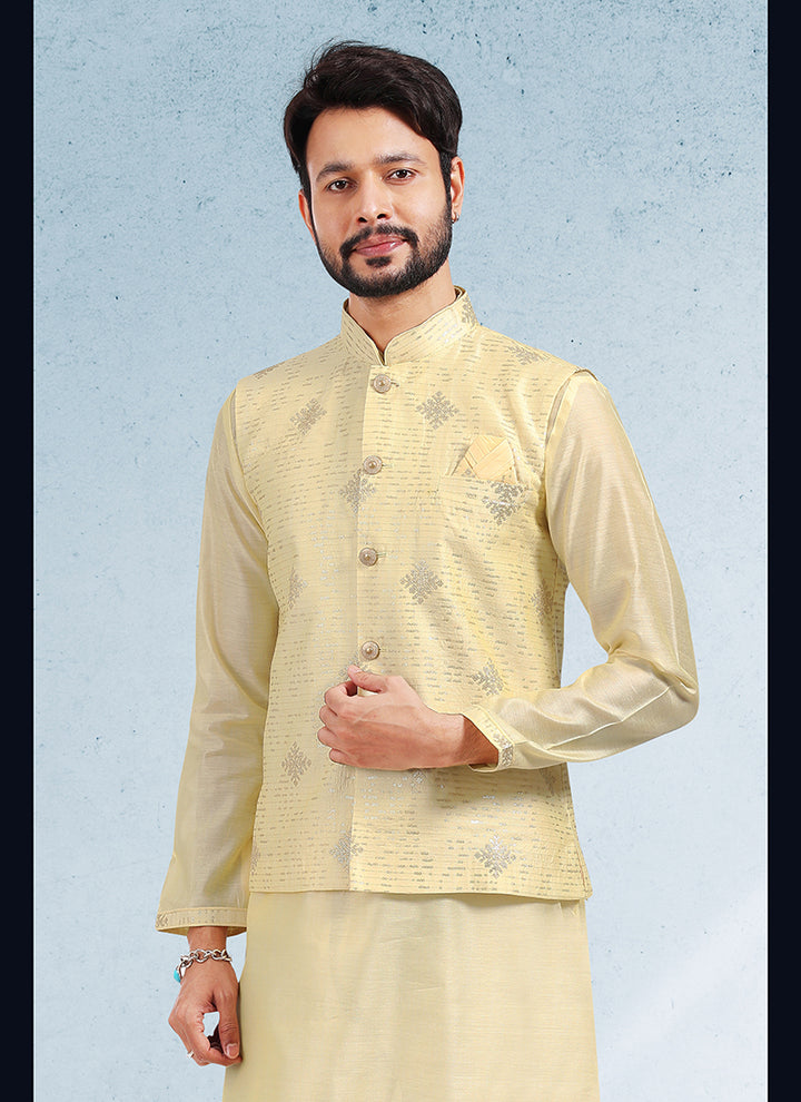 Classic  Yellow Banarasi silk Premium Kurta Pajama Jacket | Exuding Royalty with Superior Fabric