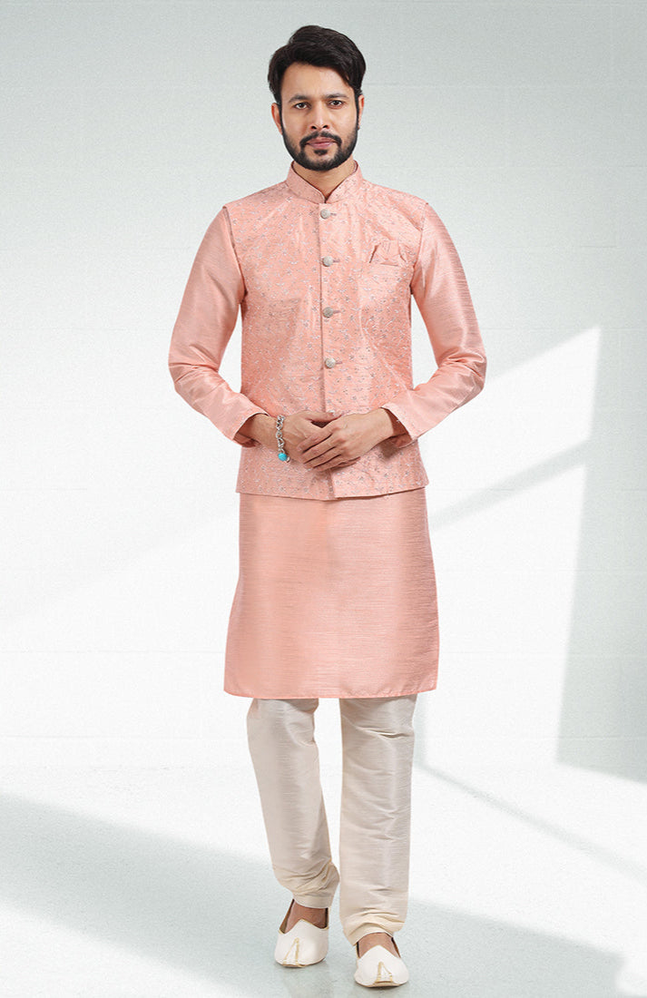 Exclusive Peach Banarasi silk Premium Kurta Pajama Jacket | Luxury Attire for Weddings & Special Moments