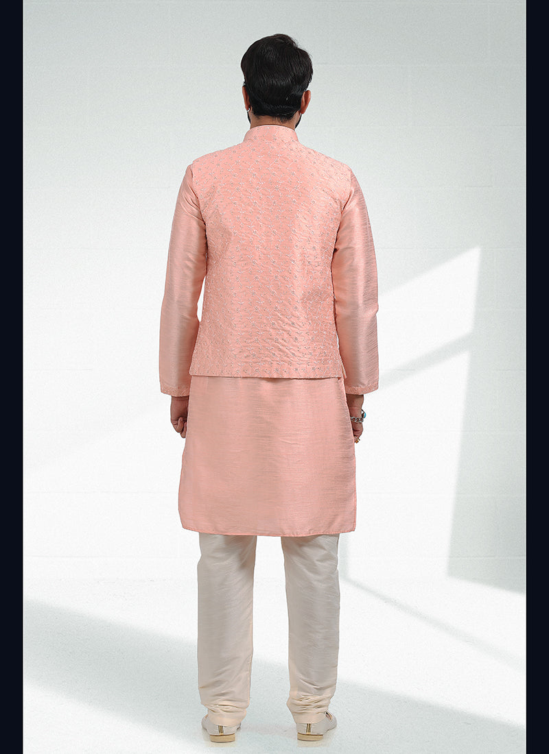 Exclusive Peach Banarasi silk Premium Kurta Pajama Jacket | Luxury Attire for Weddings & Special Moments