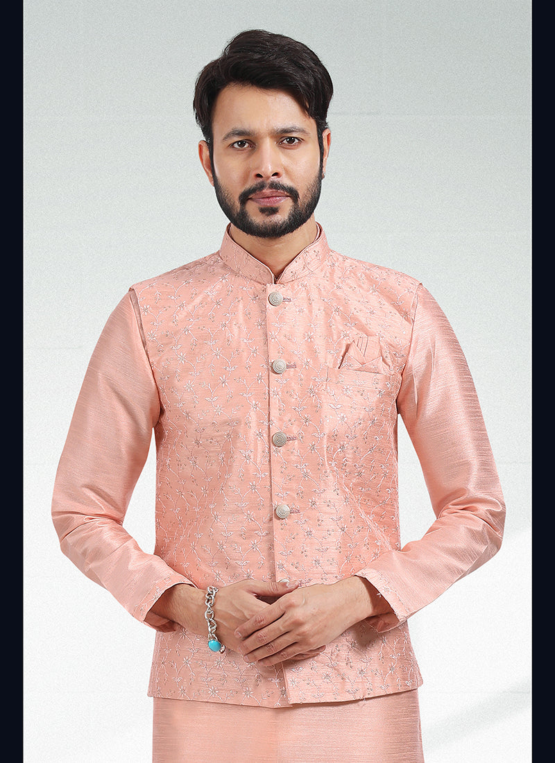 Exclusive Peach Banarasi silk Premium Kurta Pajama Jacket | Luxury Attire for Weddings & Special Moments