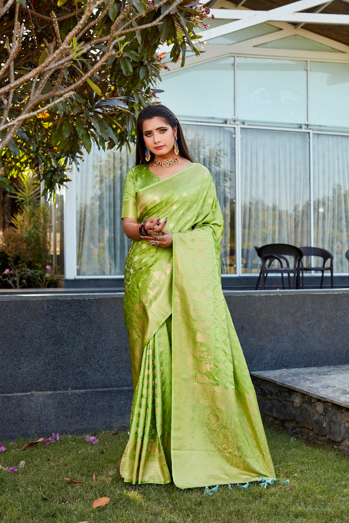 Stunning Light-Green Satin Silk Saree with dual weave and elegant pallu, perfect for weddings.