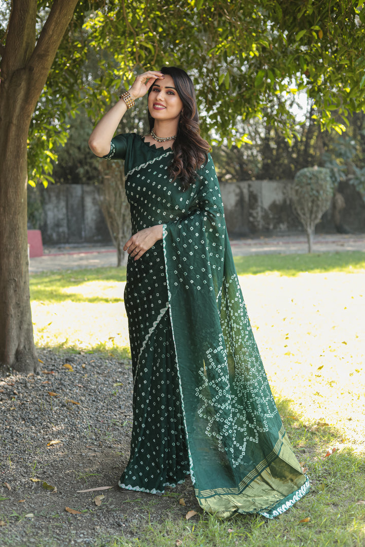 Premium Green Bandhej Silk Saree with exquisite Zari weaving and Pallu for weddings and special events.