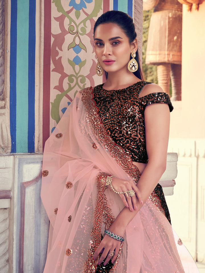 Black Lehenga with Sparkling Patterns | Peach Dupatta Festive Ensemble