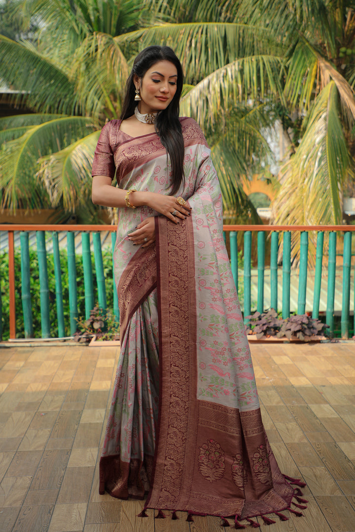 Graceful grey Kanjivaram soft silk saree with a heavy blouse, perfect for formal events and festive occasions.