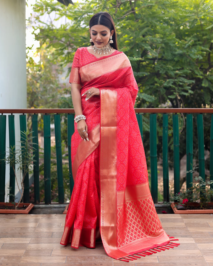 Richly woven red Patola silk saree with a vibrant pallu, ideal for weddings and cultural celebrations.