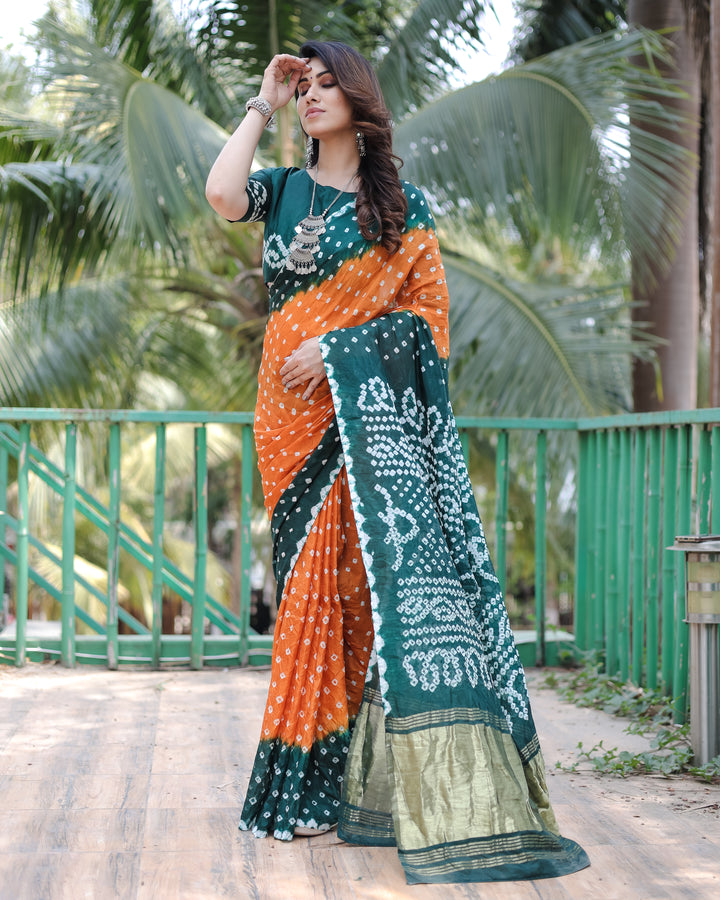 Stunning Orange Bandhej Silk Drapes with Zari Tissue Pallu and blouse piece, perfect for USA events.