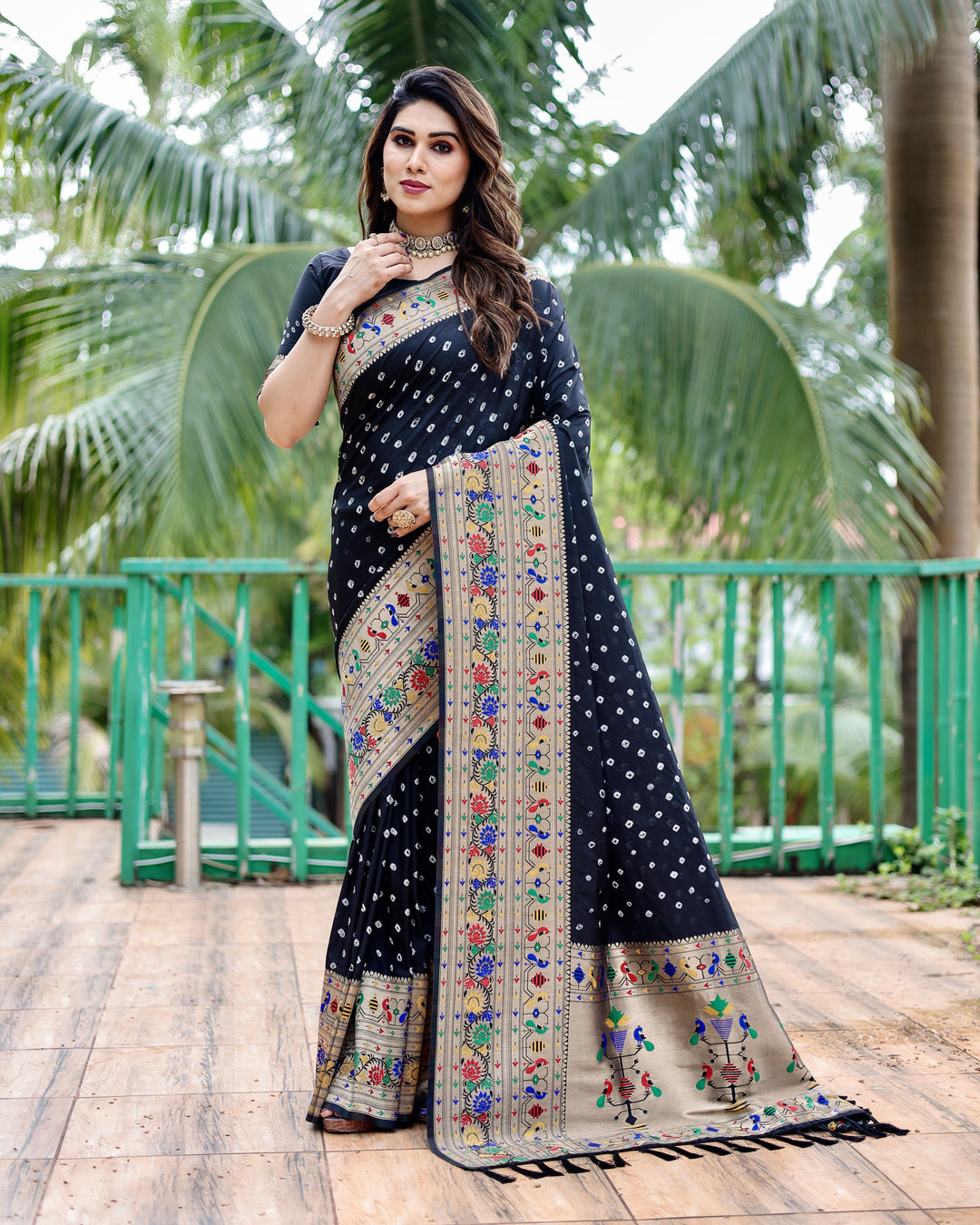 Royal Paithani Bandhej silk sadi in vibrant colors, featuring intricate weaving and traditional elegance.