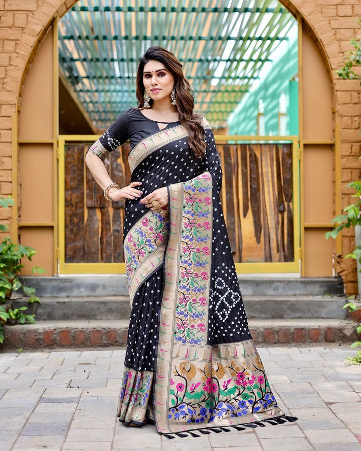 Black Bandhej Paithani silk saree with intricate zari border and Paithani pallu, designed for festive gatherings and weddings.