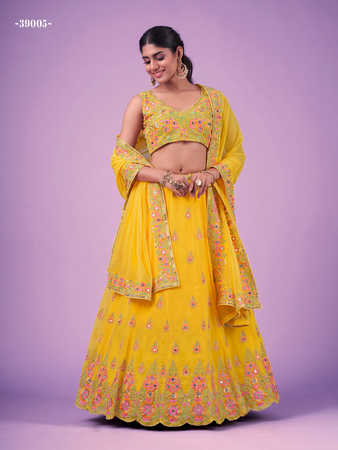 Wedding-ready Yellow Georgette Lehenga | Elegant Threadwork Included