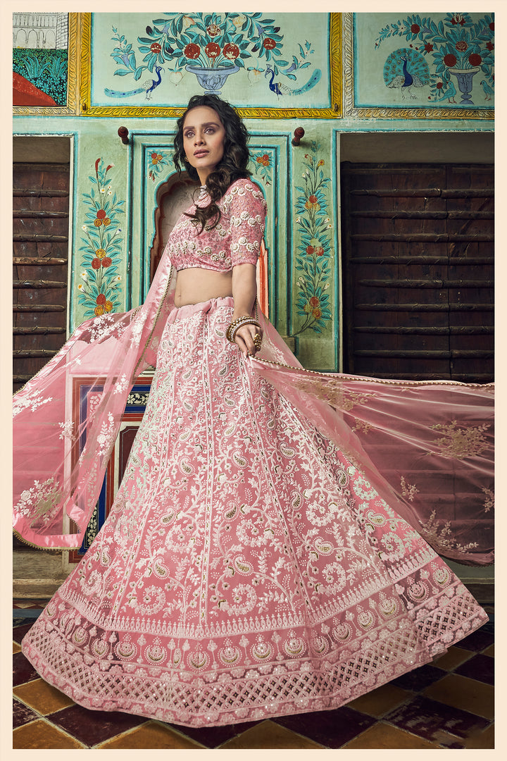 Peach Soft Net Lehenga Choli Set | Traditional Indian Wedding Wear