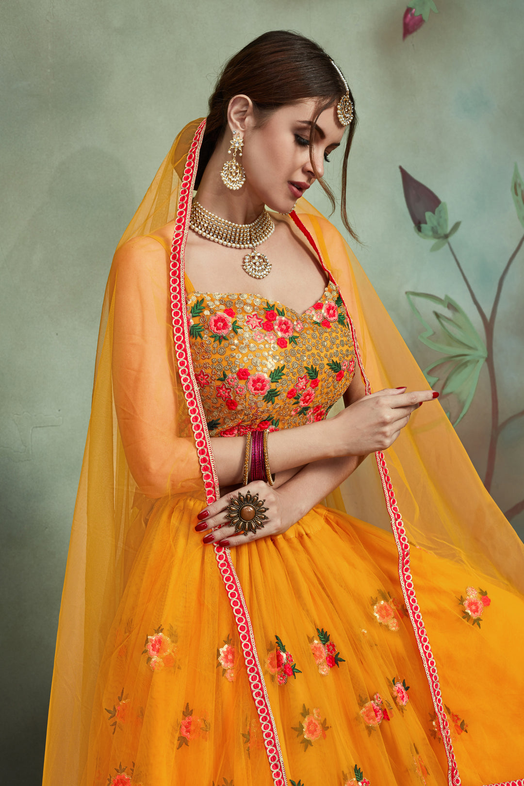 Mustard Yellow Soft Net Sequins Lehenga | Designer Embroidery with Blouse