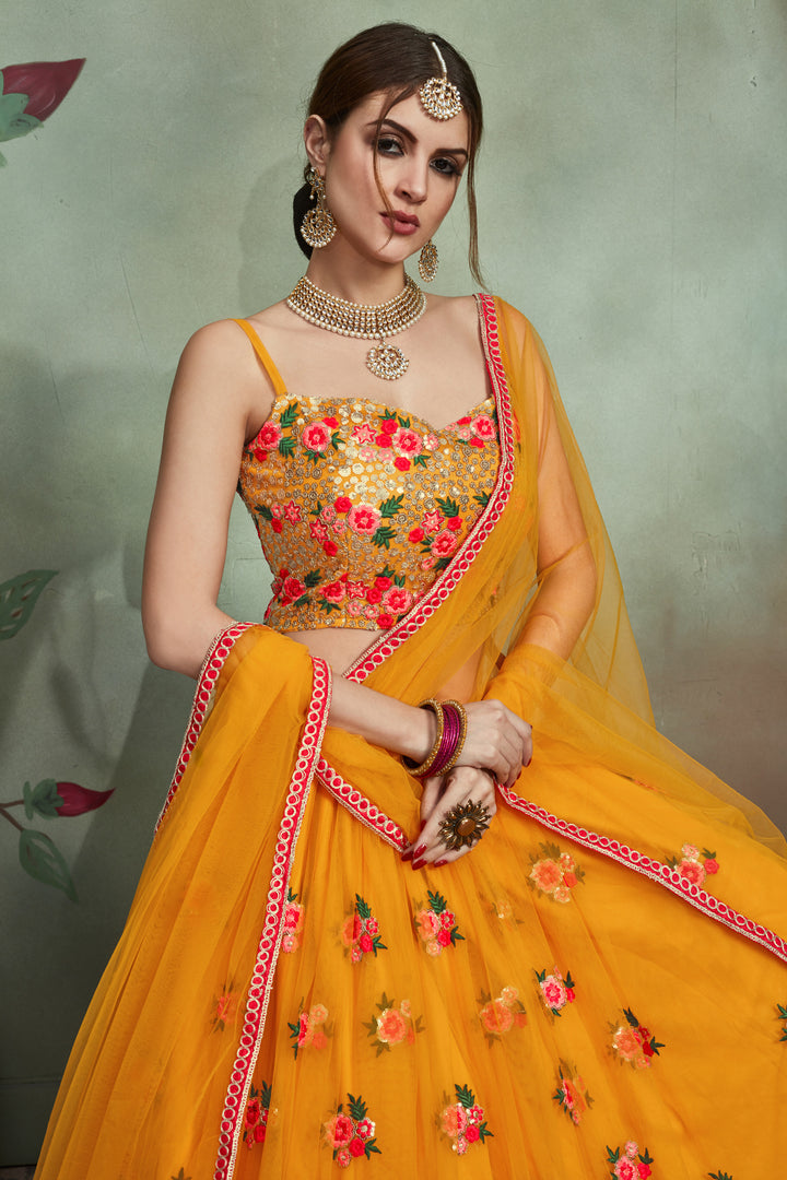 Mustard Yellow Soft Net Sequins Lehenga | Designer Embroidery with Blouse