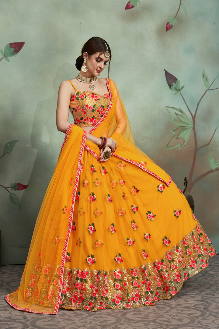 Mustard Yellow Soft Net Sequins Lehenga | Designer Embroidery with Blouse