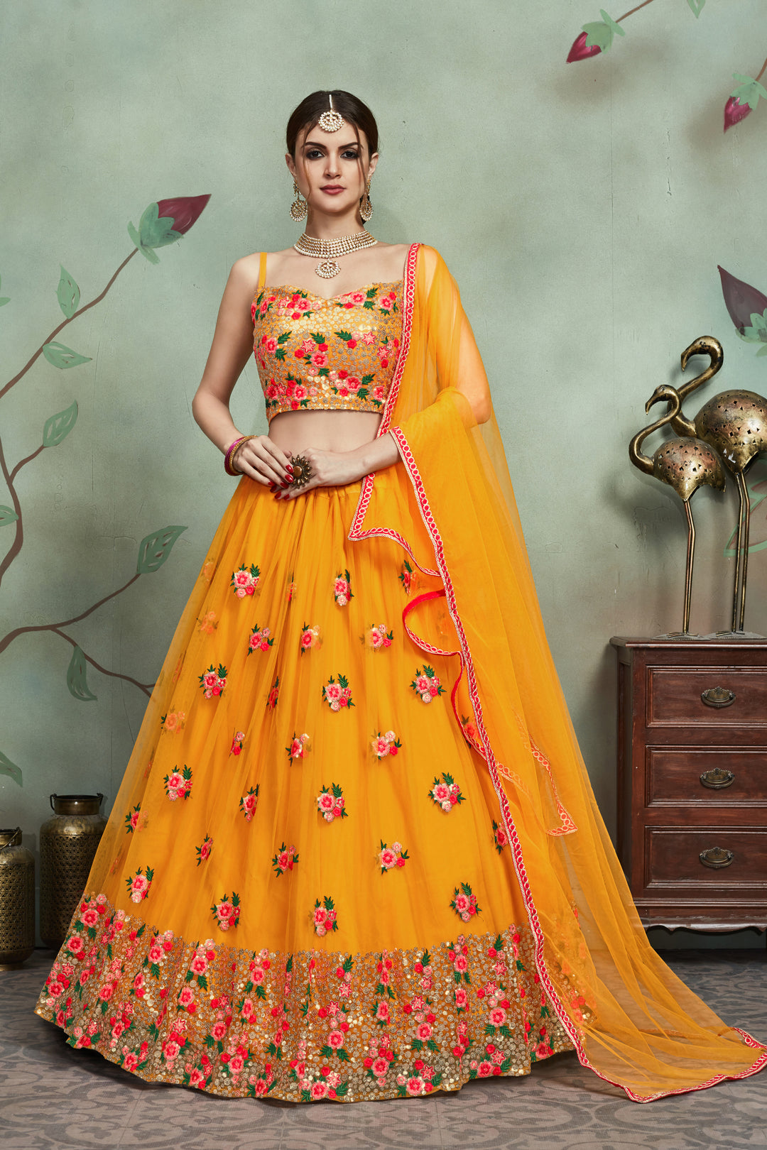 Mustard Yellow Soft Net Sequins Lehenga | Designer Embroidery with Blouse