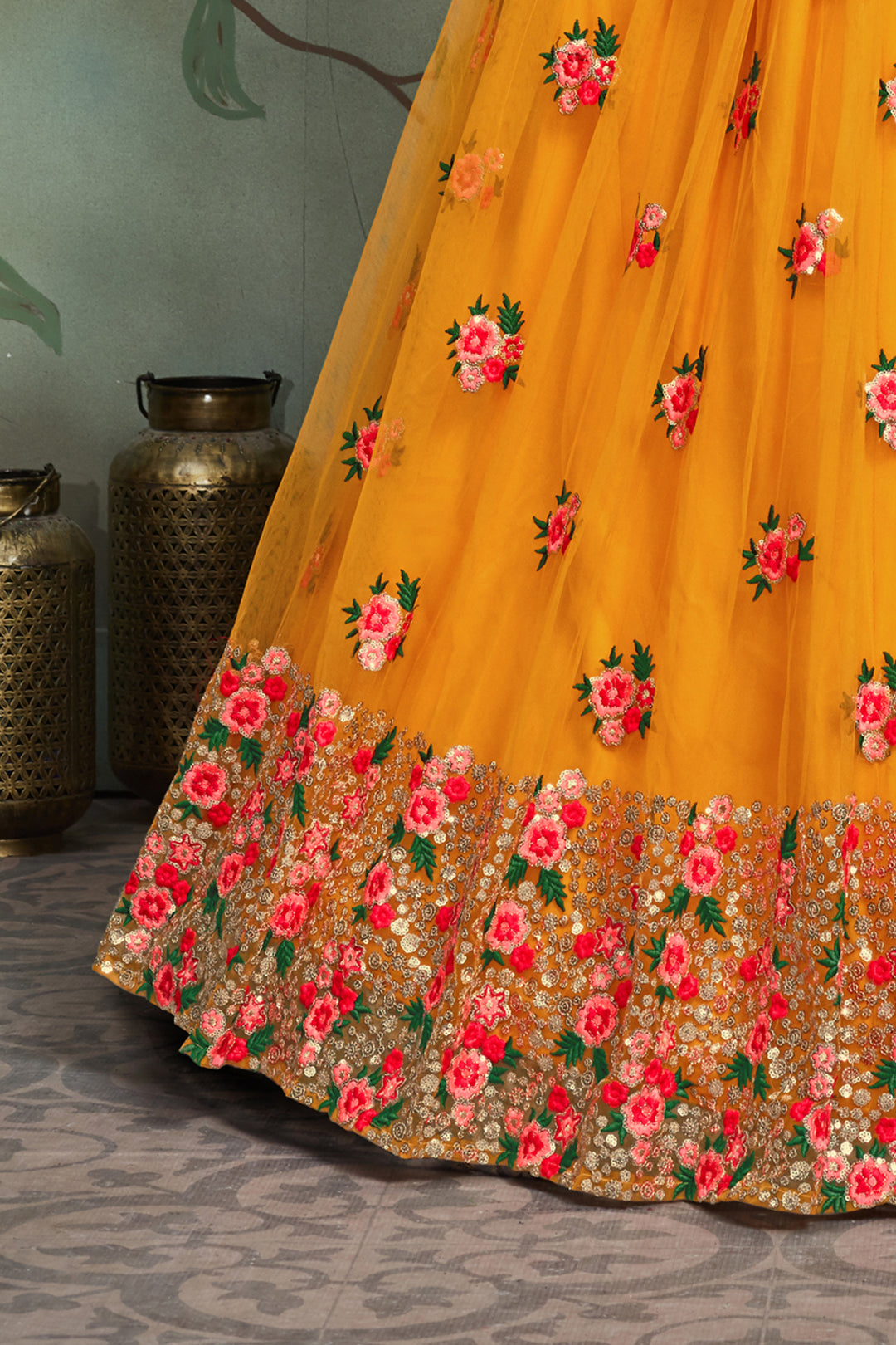 Mustard Yellow Soft Net Sequins Lehenga | Designer Embroidery with Blouse