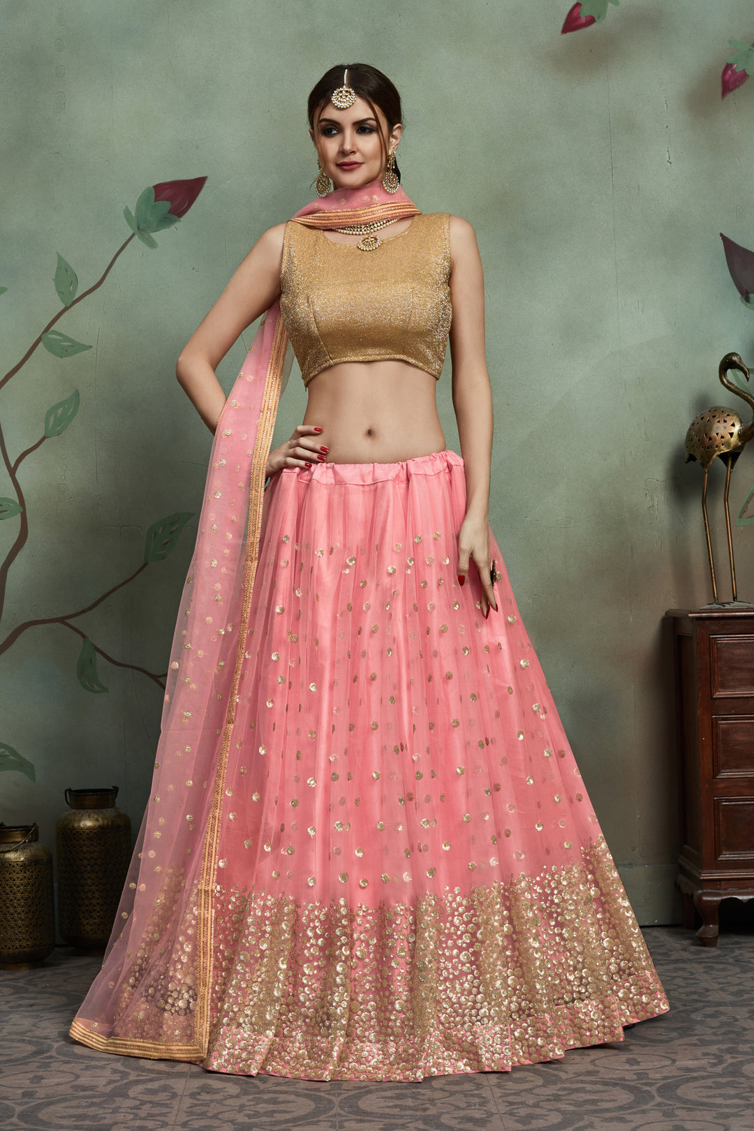 Bridal Baby Pink Lehenga Choli | Soft Net & Sequin Embroidery for Wedding