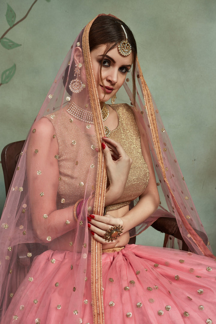 Bridal Baby Pink Lehenga Choli | Soft Net & Sequin Embroidery for Wedding