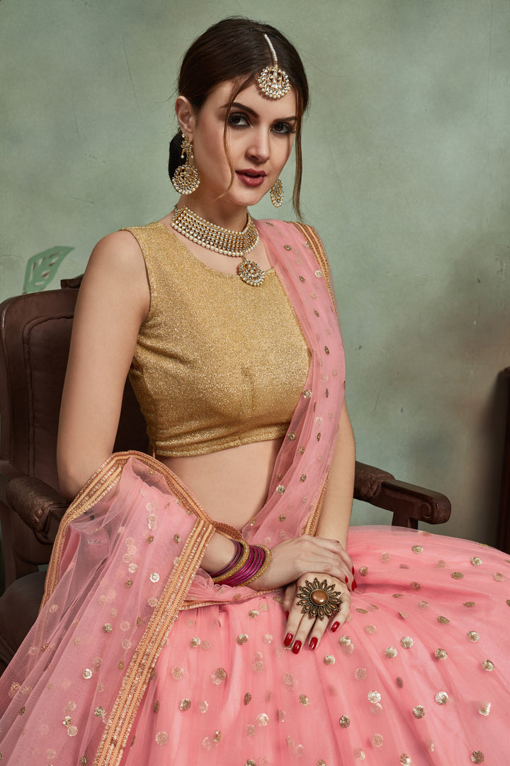 Bridal Baby Pink Lehenga Choli | Soft Net & Sequin Embroidery for Wedding