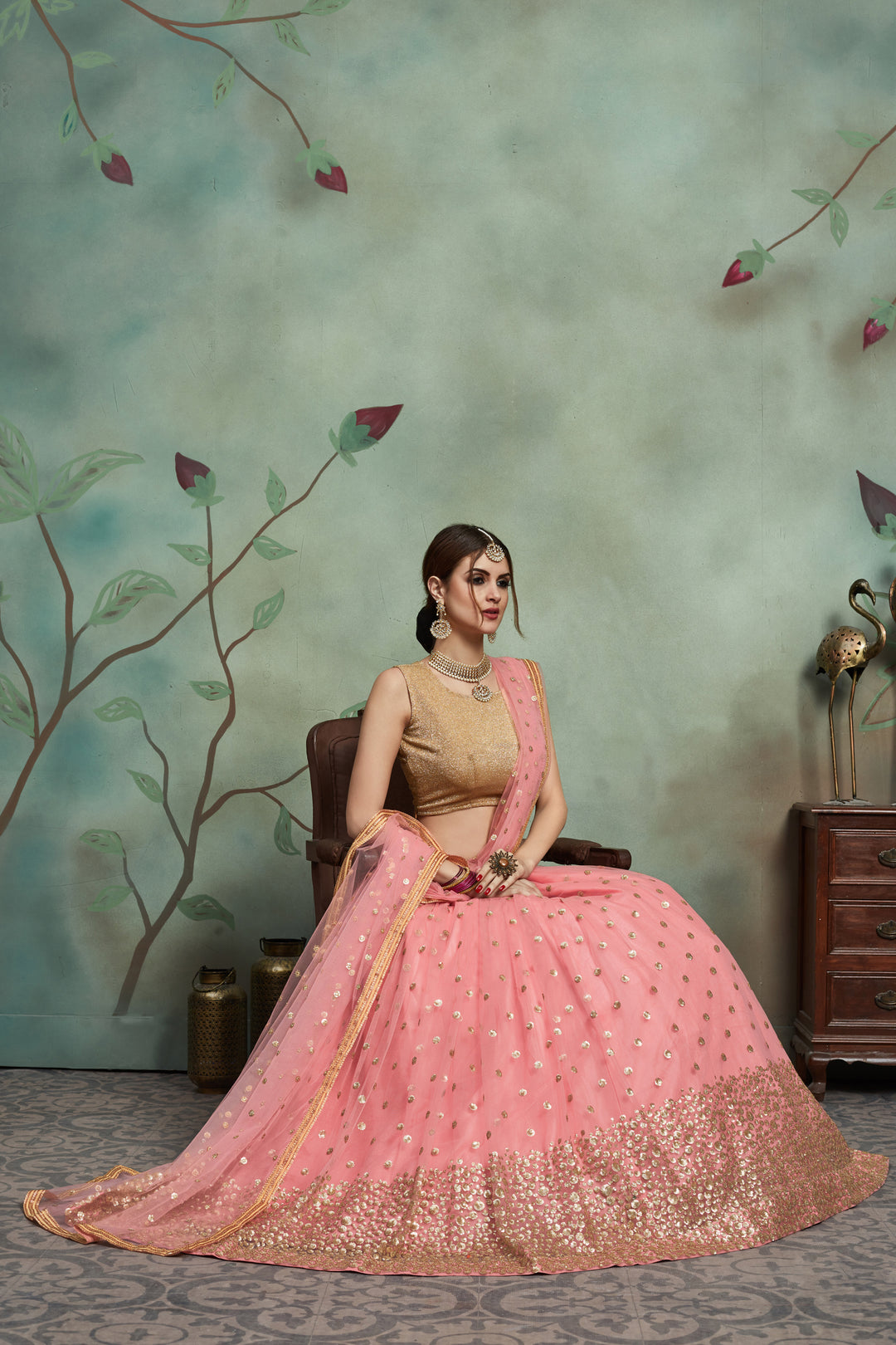 Bridal Baby Pink Lehenga Choli | Soft Net & Sequin Embroidery for Wedding