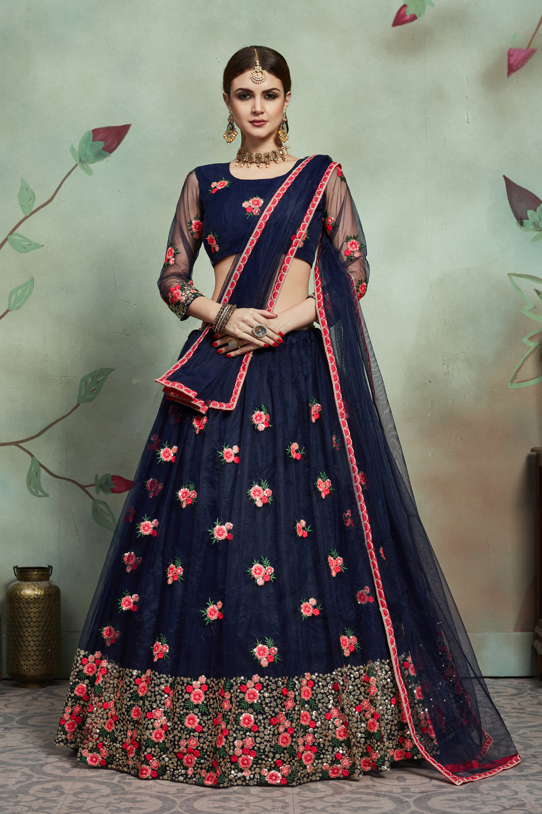 Navy Blue Soft Net Lehenga Choli | Sequin & Thread Work for Wedding