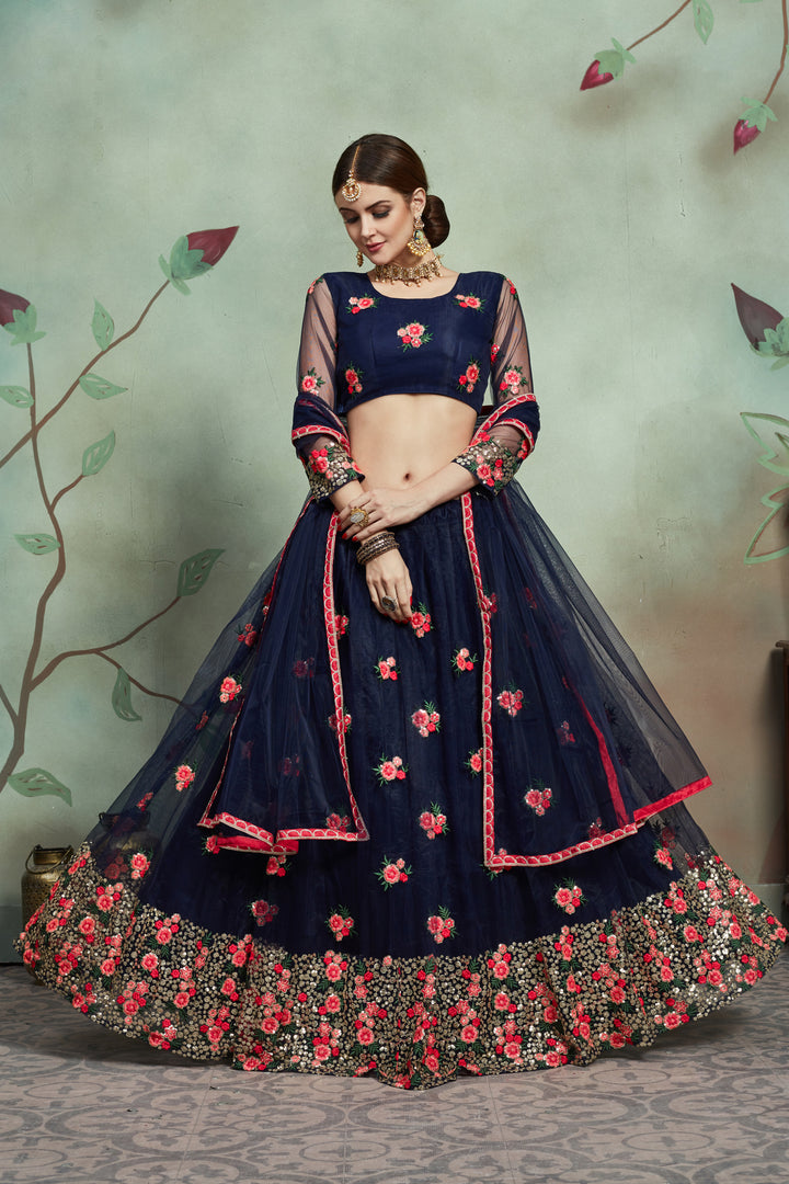 Navy Blue Soft Net Lehenga Choli | Sequin & Thread Work for Wedding