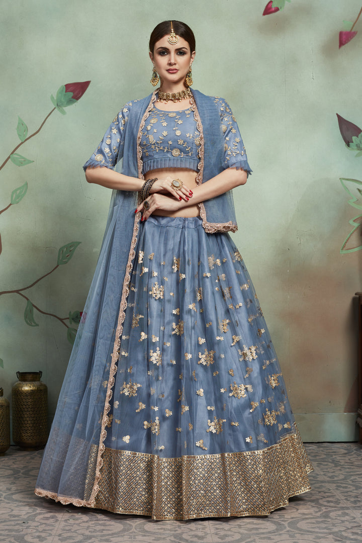 Designer Grey Soft Net Lehenga | Lehenga Choli Set with Sequins & Zari