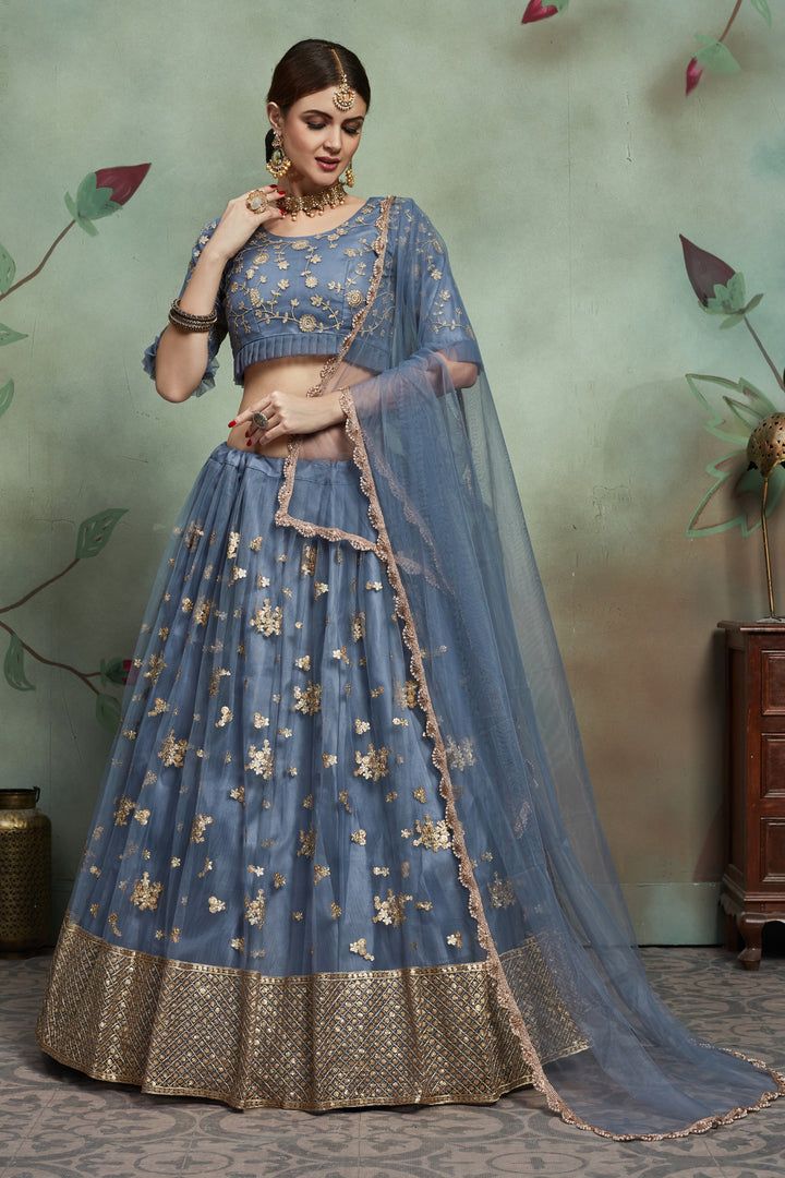 Designer Grey Soft Net Lehenga | Lehenga Choli Set with Sequins & Zari