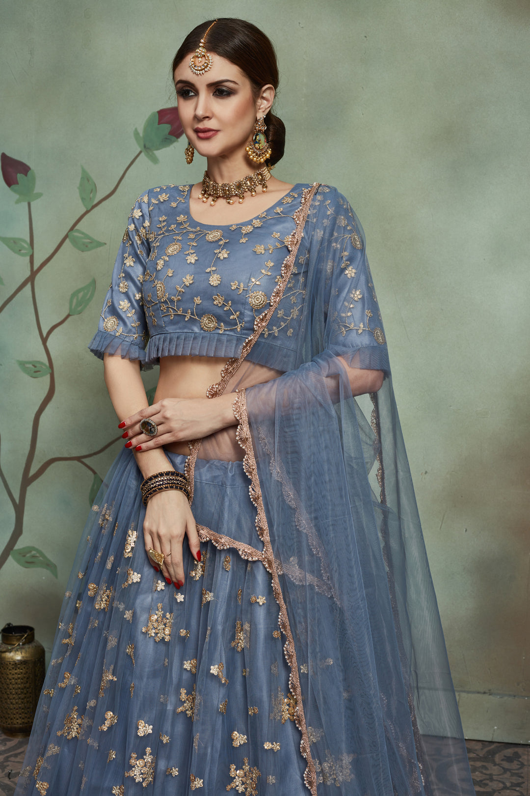 Designer Grey Soft Net Lehenga | Lehenga Choli Set with Sequins & Zari