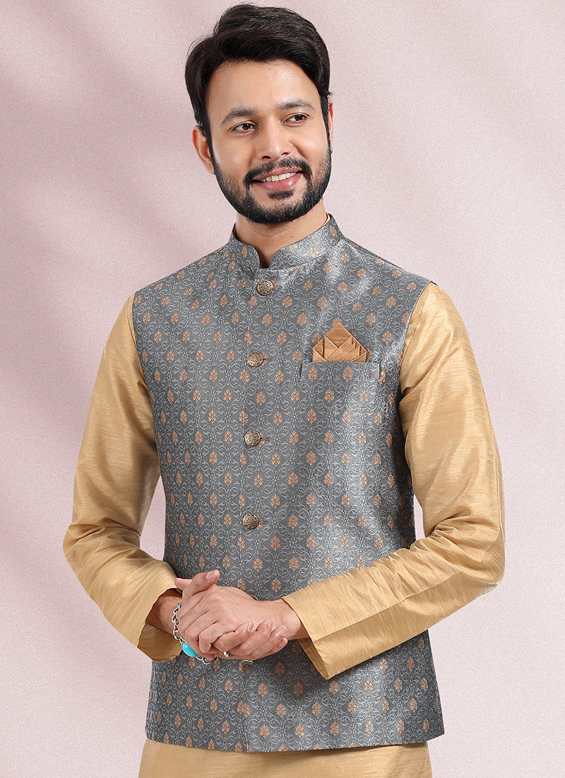 Opulent Gray Grand Banarasi silk Premium Kurta Pajama | Designed to Elevate Your Style for Cultural Events