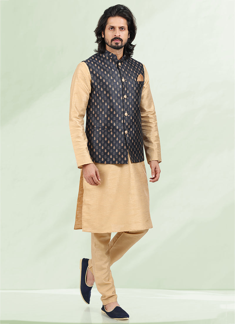 Navy Blue Opulent Grand Banarasi silk Premium Kurta Pajama Jacket |  Expression of Sophistication & Class