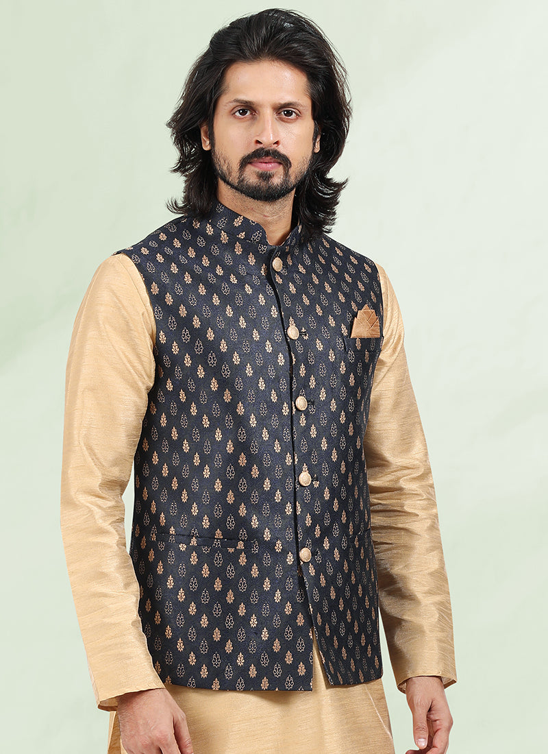 Navy Blue Opulent Grand Banarasi silk Premium Kurta Pajama Jacket |  Expression of Sophistication & Class