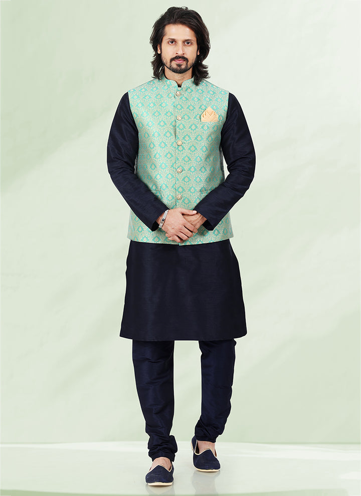 Heritage Pista Green  Banarasi silk Premium Kurta Pajama Jacket | Enriched with Fine