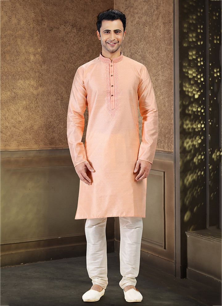 Graceful Peach Trendy Jacquard Banarasi silk Premium Kurta Pajama | Designed to Elevate Your Style for Cultural Events