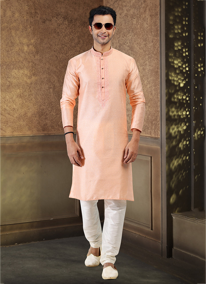 Graceful Peach Trendy Jacquard Banarasi silk Premium Kurta Pajama | Designed to Elevate Your Style for Cultural Events