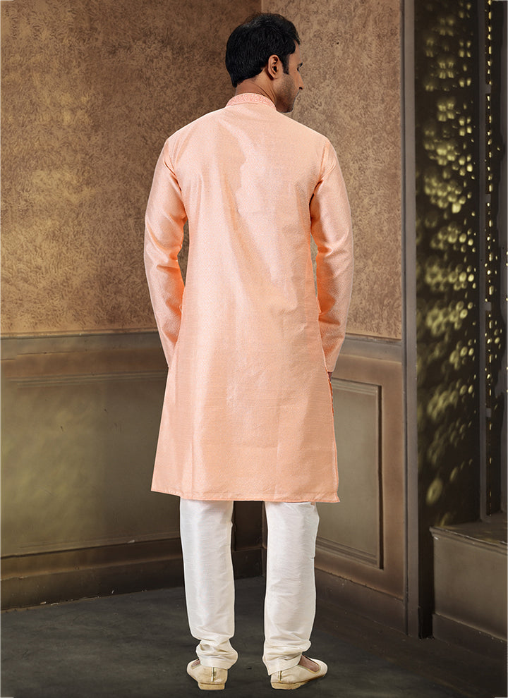 Graceful Peach Trendy Jacquard Banarasi silk Premium Kurta Pajama | Designed to Elevate Your Style for Cultural Events