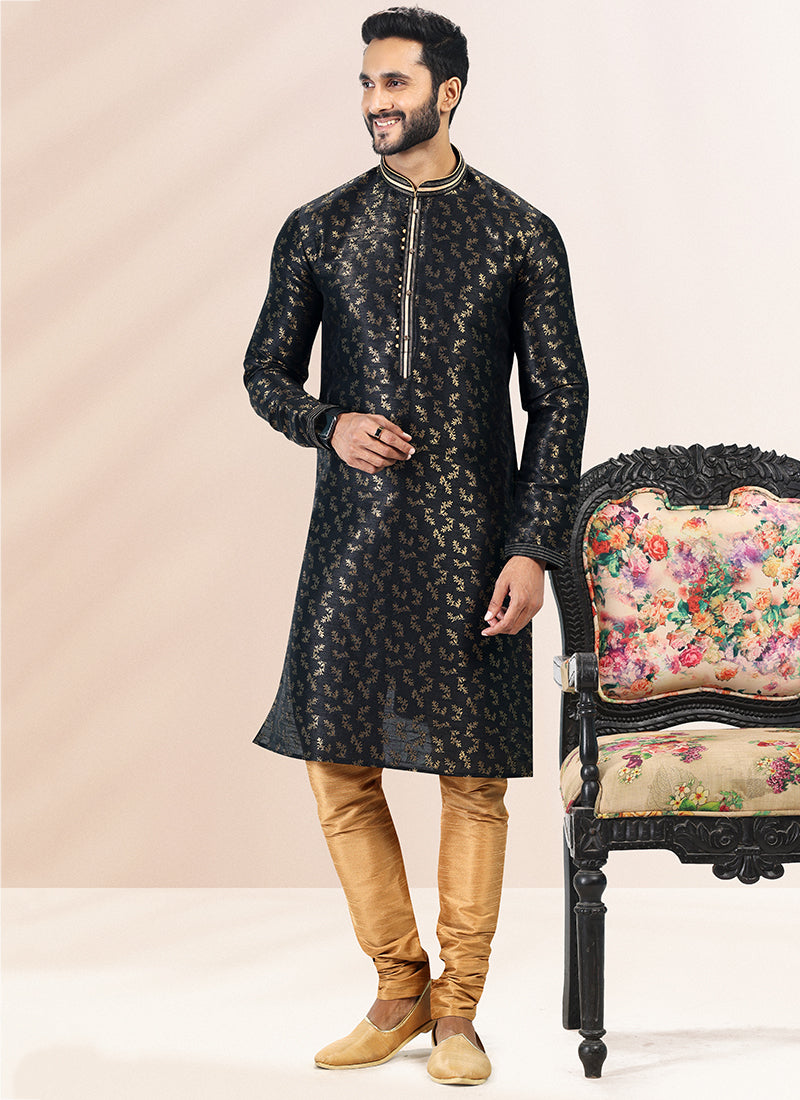 Elite Black Banarasi silk Premium Kurta Pajama | Fashioned for Classic Charm & Modern Comfort