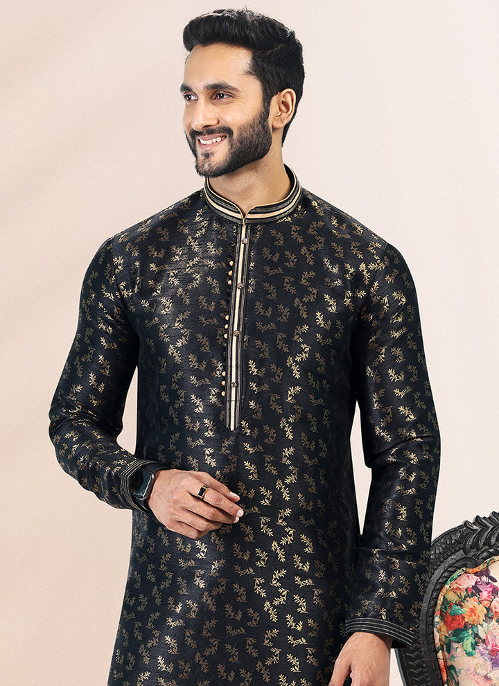 Elite Black Banarasi silk Premium Kurta Pajama | Fashioned for Classic Charm & Modern Comfort