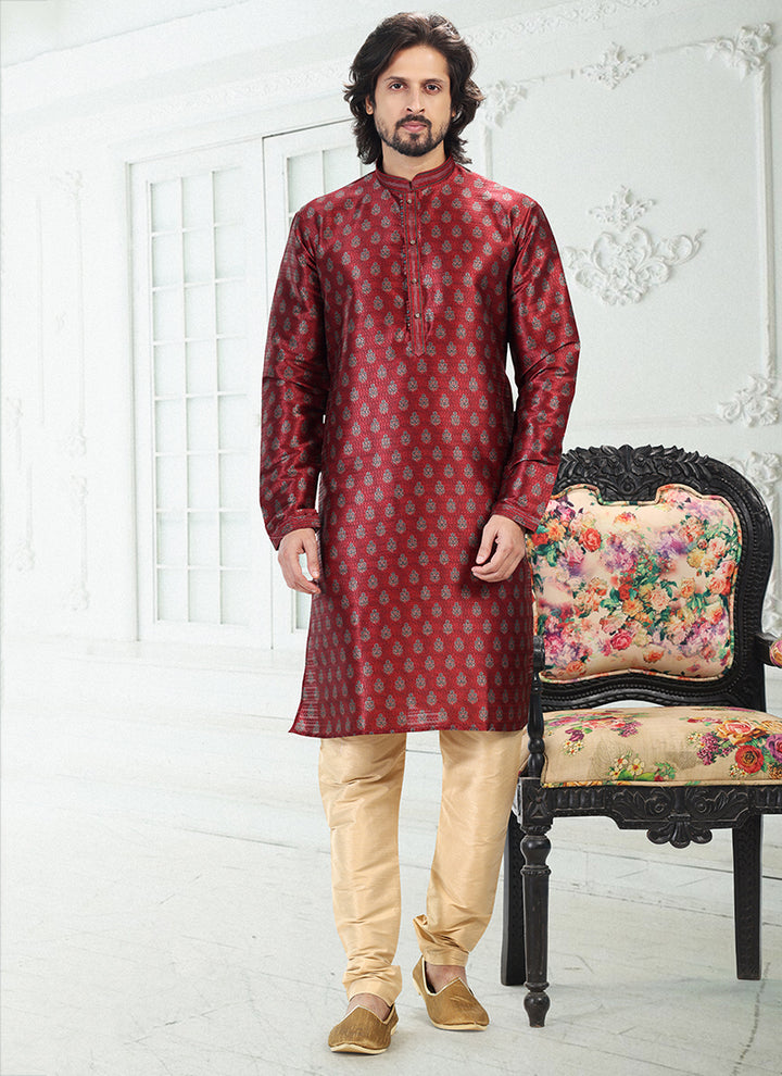 Maroon Inspired Banarasi silk Premium Kurta Pajama | Enriched with Fine Embroidery & Graceful Aesthetic