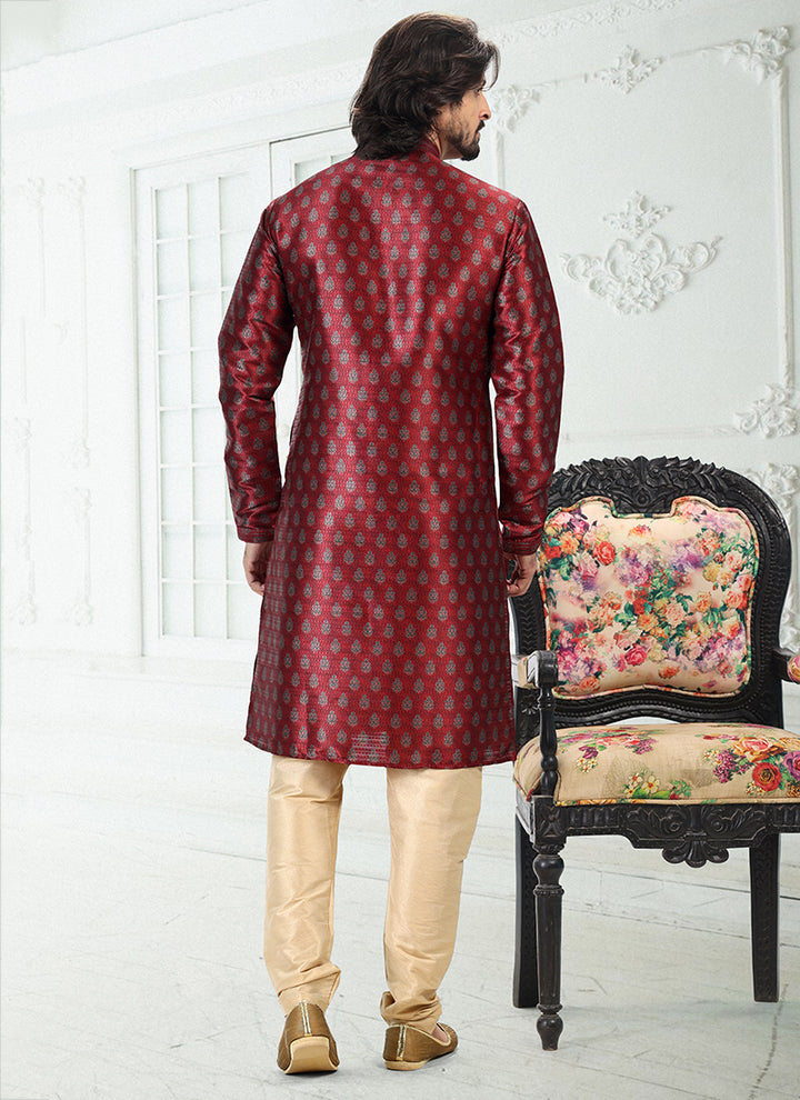 Maroon Inspired Banarasi silk Premium Kurta Pajama | Enriched with Fine Embroidery & Graceful Aesthetic