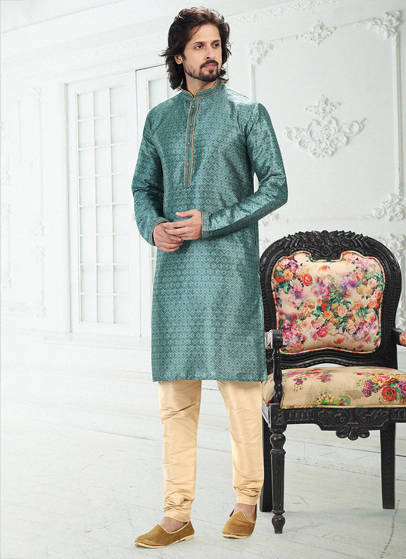 Teal Green Vibrant Embroidered Banarasi silk Premium Kurta Pajama |  Impression at Every Occasion