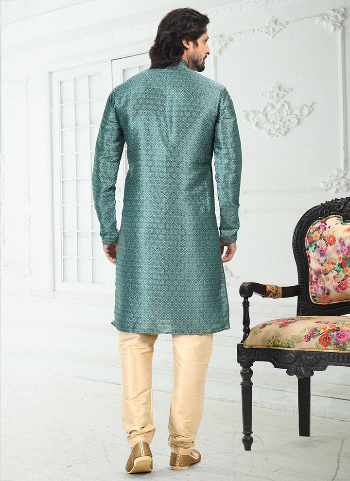 Teal Green Vibrant Embroidered Banarasi silk Premium Kurta Pajama |  Impression at Every Occasion