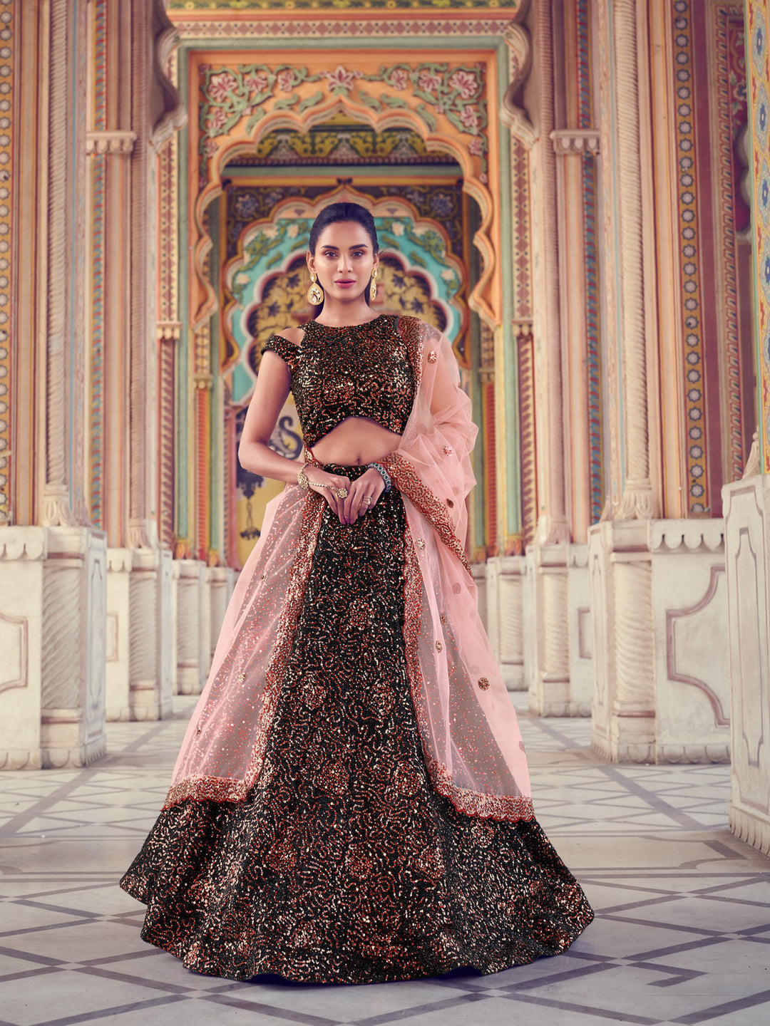 Black Lehenga with Sparkling Patterns | Peach Dupatta Festive Ensemble