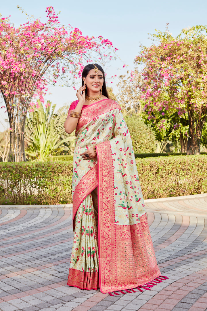 Yellow Radiant Kanjivaram Soft Silk Saree with beautiful border designs, perfect for weddings.