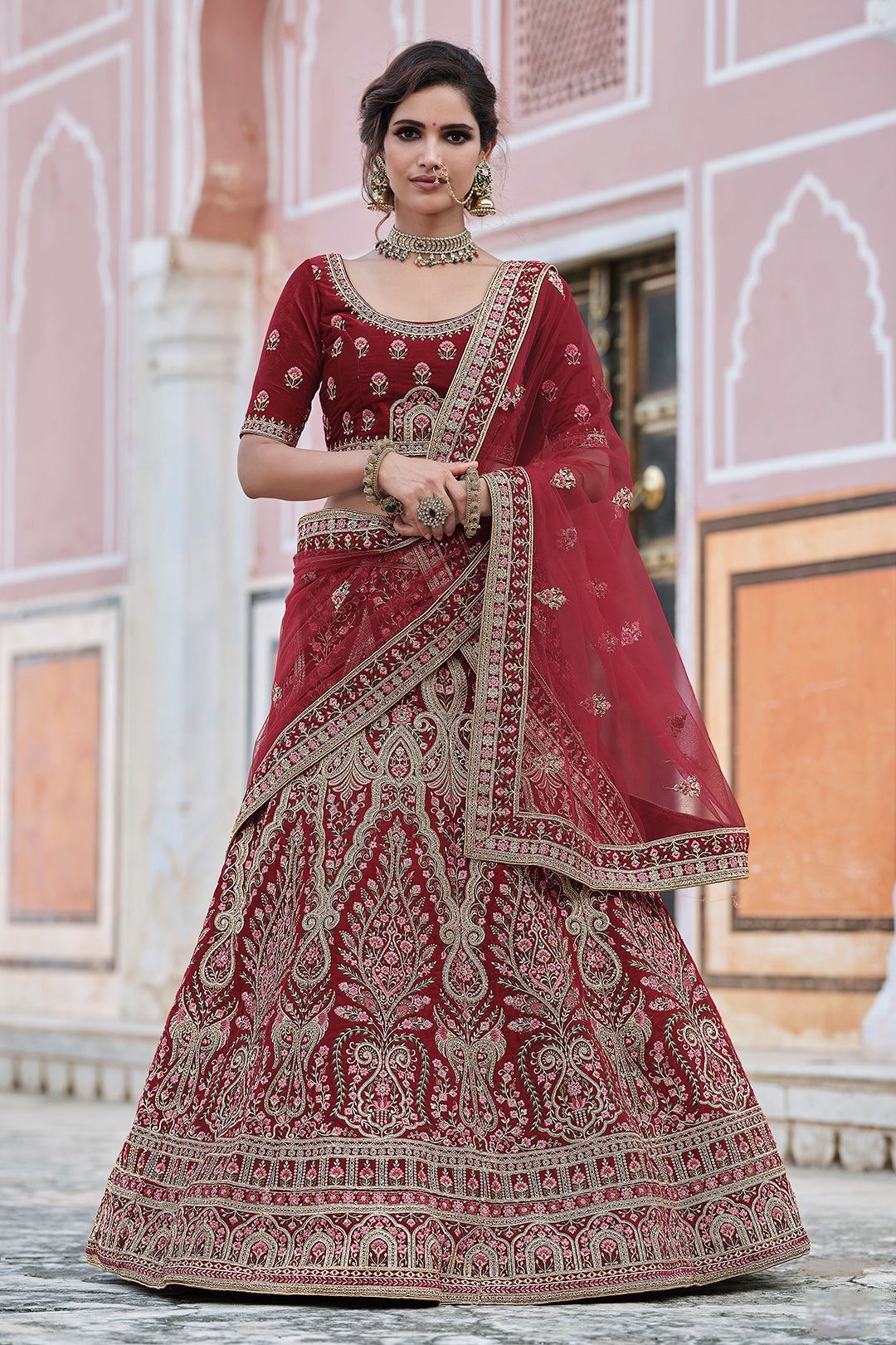 Wedding Wear Bridal Lehenga for Women | Embroidered Velvet Lehenga