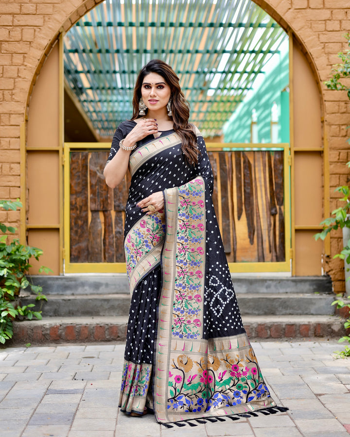 Black Paithani Bandhej silk saree with a beautiful zari border and tassels, perfect for adding luxury to your ethnic wardrobe.