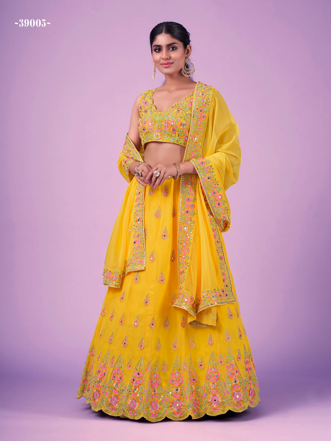 Wedding-ready Yellow Georgette Lehenga | Elegant Threadwork Included